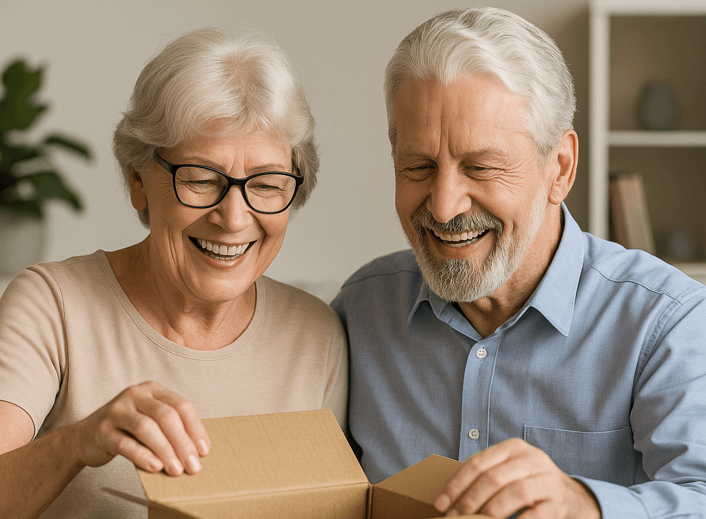 Seniorenpaar öffnet Pflegebox zu Hause