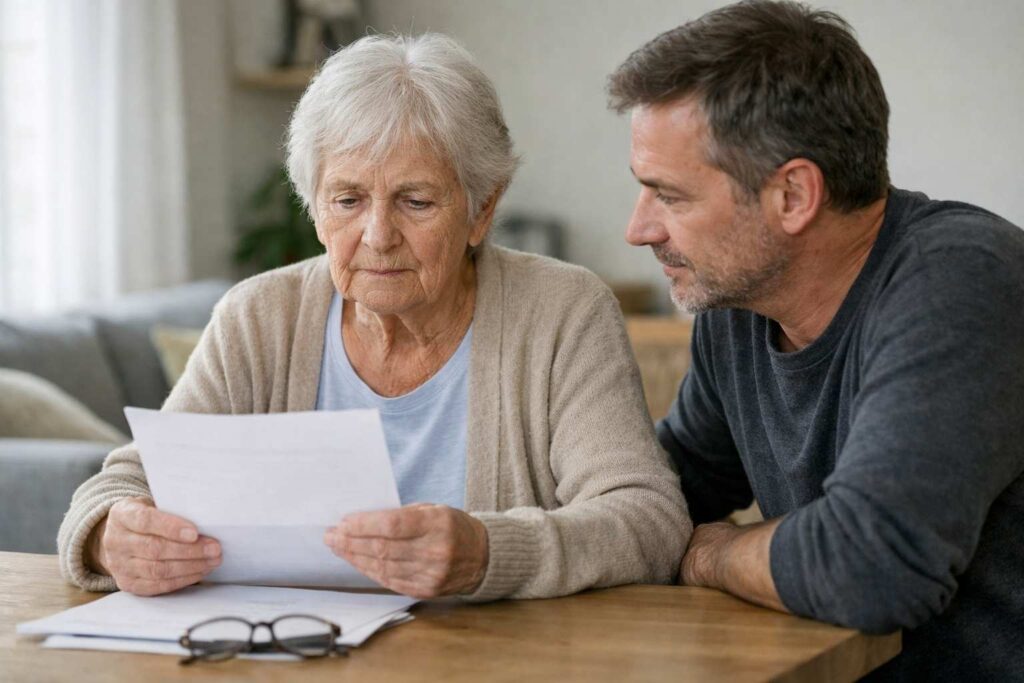 Pflegehilfsmittel abgelehnt – Angehöriger hilft beim Lesen des Ablehnungsbescheids
