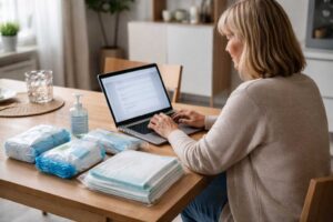 Angehörige Person stellt online Antrag auf Pflegehilfsmittel zum Verbrauch am Laptop (Symbolbild)