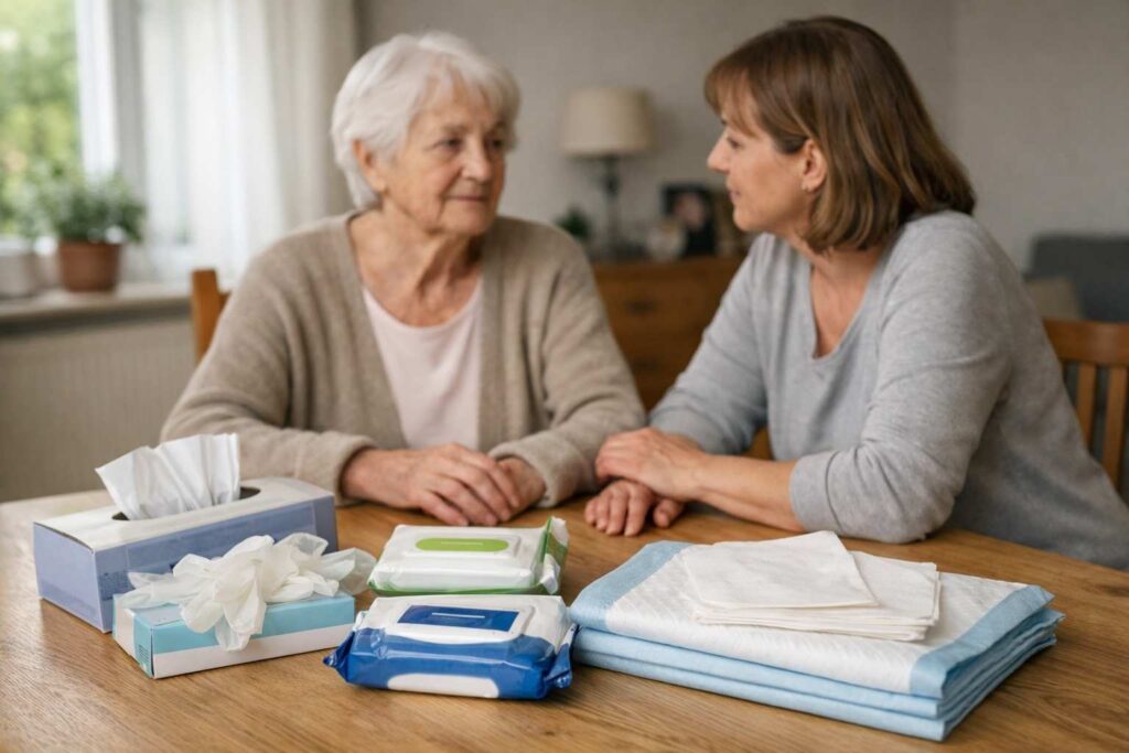 Pflegende Angehörige am Küchentisch mit Pflegehilfsmitteln zum Verbrauch und Formular (Symbolbild)