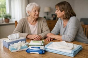 Pflegende Angehörige am Küchentisch mit Pflegehilfsmitteln zum Verbrauch und Formular (Symbolbild)
