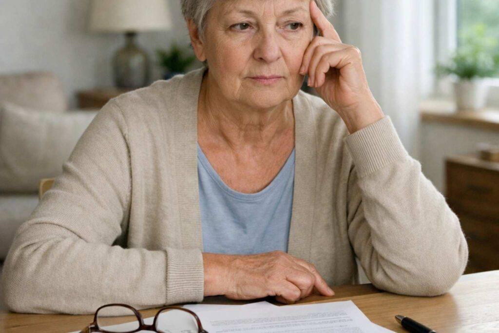 Ältere Person sitzt an einem Tisch und prüft Unterlagen nach Ablehnung eines Pflegegrades in ruhiger Wohnumgebung
