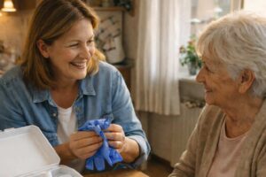 Pflegende Angehörige übergibt Pflegebox mit Pflegehilfsmitteln in einer häuslichen Pflegesituation bei AOK-Versicherten