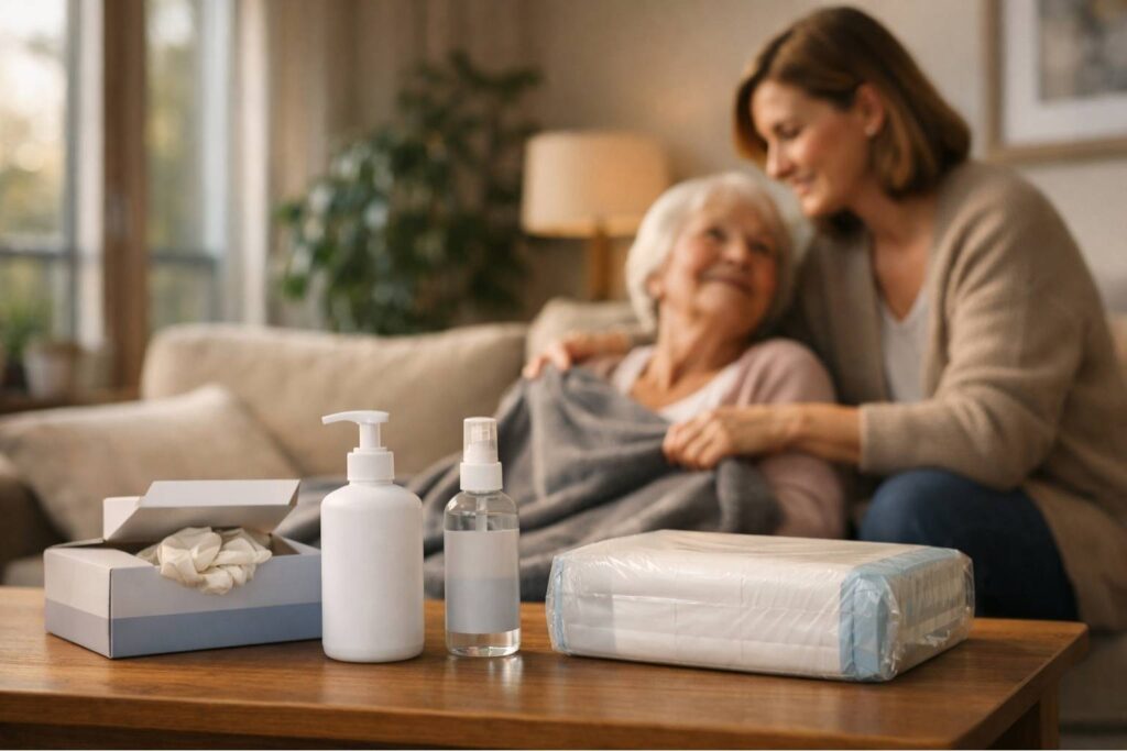 Pflegehilfsmittel bei der BARMER – häusliche Pflegesituation mit Desinfektionsmittel und Einmalhandschuhen im Wert von 42 Euro monatlich