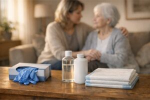 Pflegebedürftige Seniorin zu Hause mit Tochter, auf dem Tisch liegen Pflegehilfsmittel wie Handschuhe und Desinfektionsmittel – Versorgung über DAK-Gesundheit bis 42 Euro monatlich