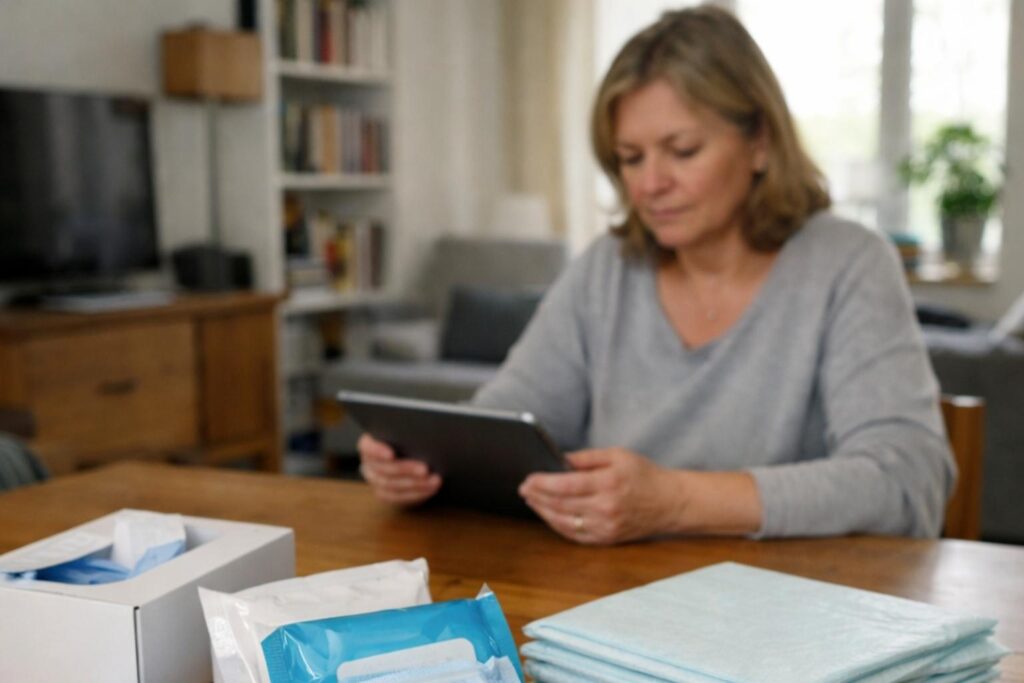 Pflegende Angehörige prüfen Unterlagen zu Pflegegrad und Pflegehilfsmitteln (Symbolbild)