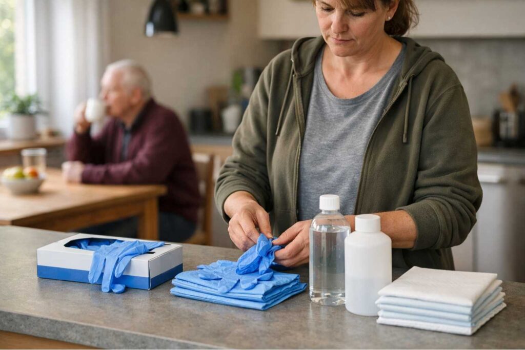 Pflegehilfsmittel zum Verbrauch wie Handschuhe und Desinfektion in einer häuslichen Pflegesituation bei TK Versicherten